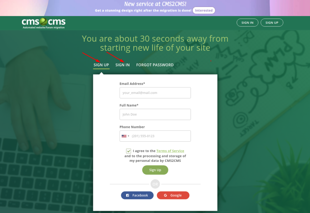 sign up with cms2cms