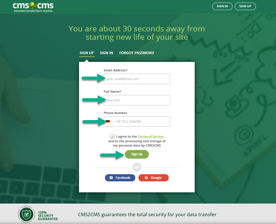 cms2cms sign up