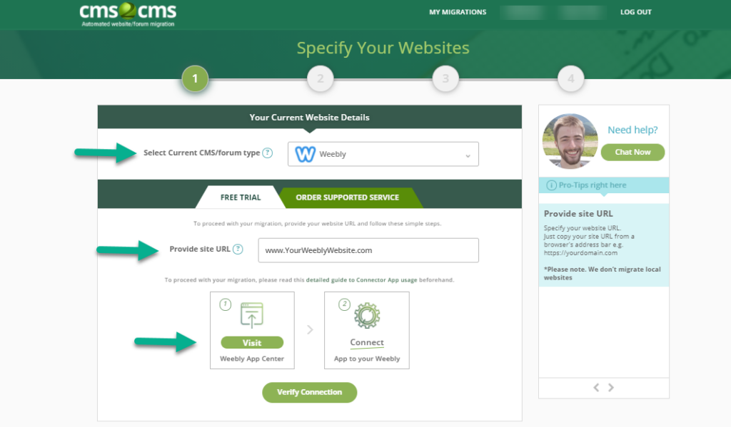 cms2cms connect to weebly site