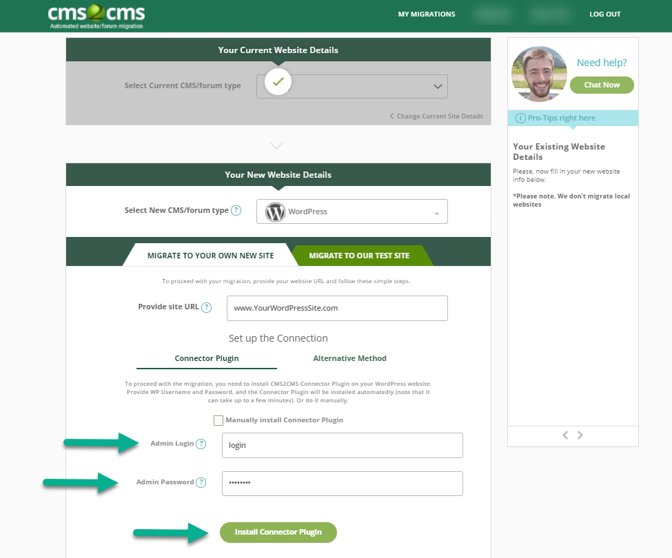 cms2cms connect to wordpress site