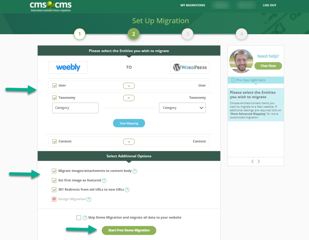 cms2cms weebly to wordpress demo migration