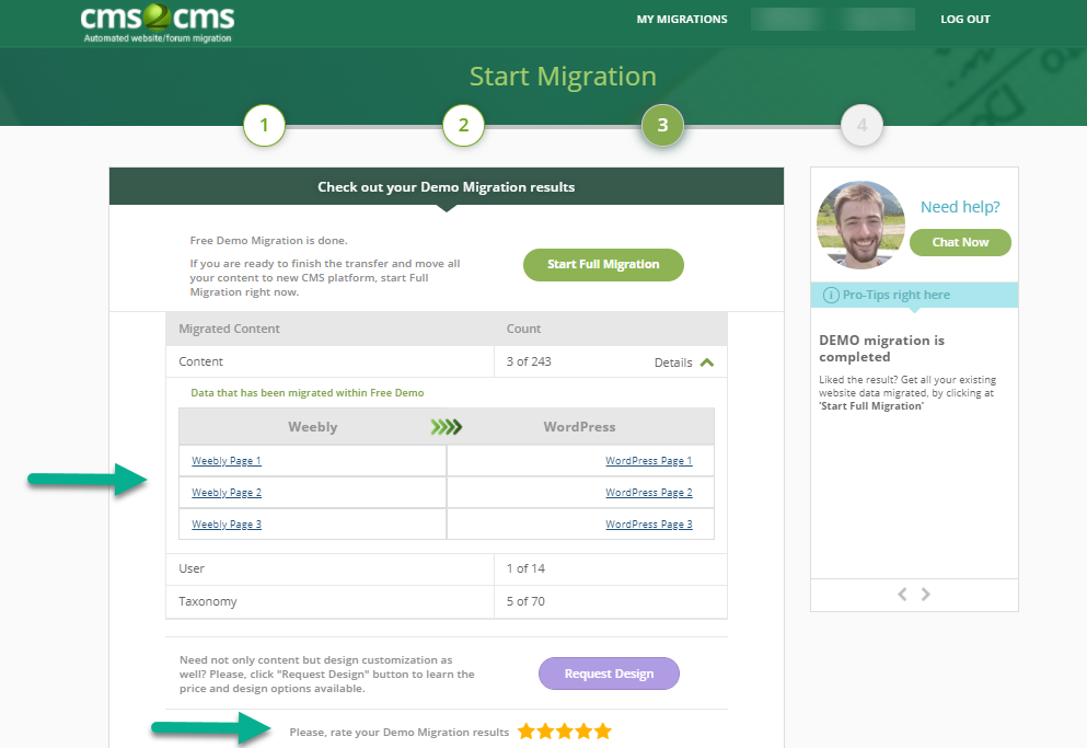 cms2cms weebly to wordpress demo results